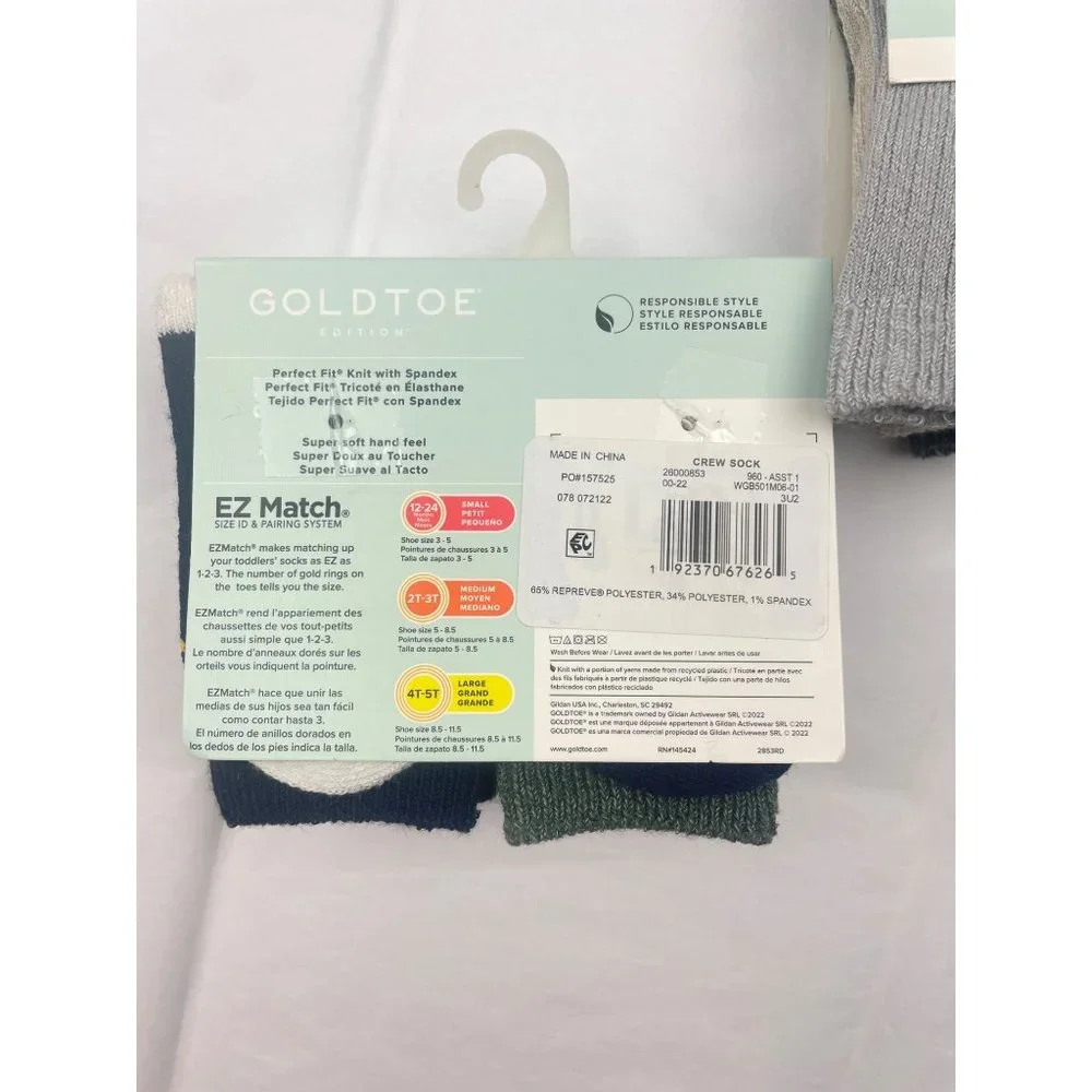 2-GOLDTOE Toddler Crew Boy 6-pack Socks 2T-3T